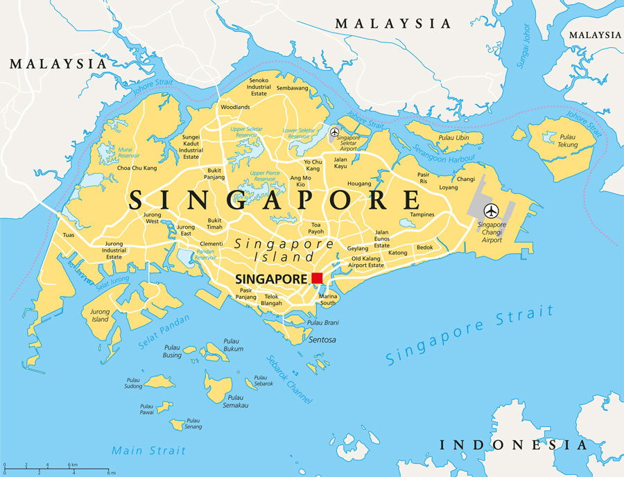 Mappa dettagliata di Singapore: città, isole e confini. Guida turistica di Singapore.